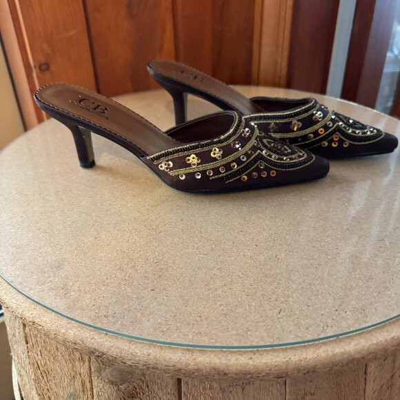 CB Collections Brown Satin Beaded Mule Size 9 1/2W - Picture 1 of 9